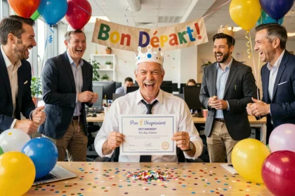 Homme en retraite portant une couronne en papier lors d'une fête de départ humoristique au bureau
