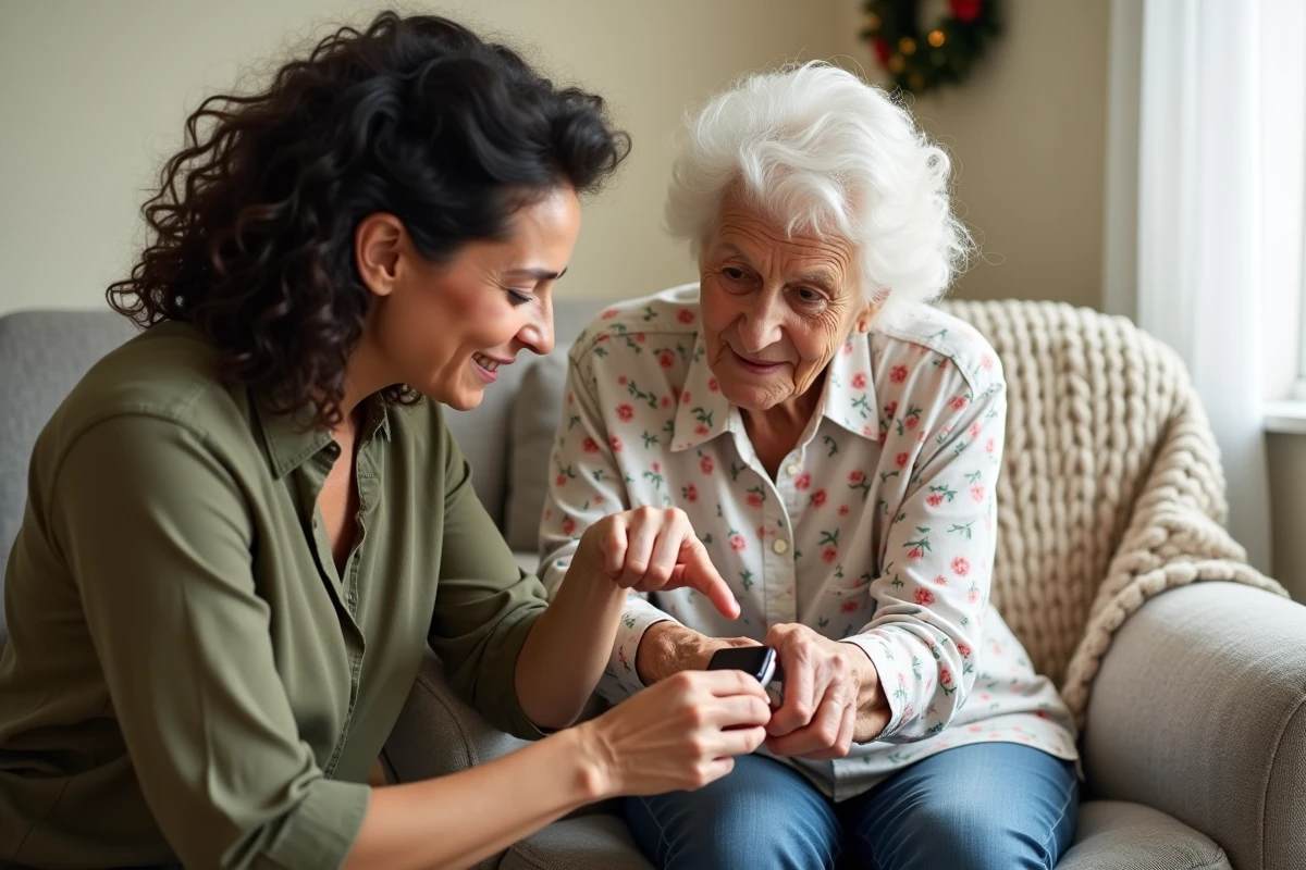 Fille adulte aidant sa mère âgée à configurer une montre connectée offerte à Noël dans un salon lumineux