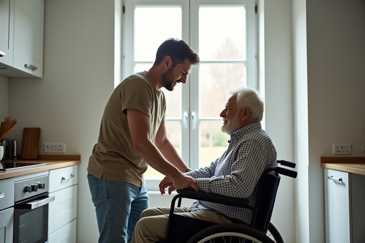 Fils aide son pere en fauteuil dans une cuisine lumineuse