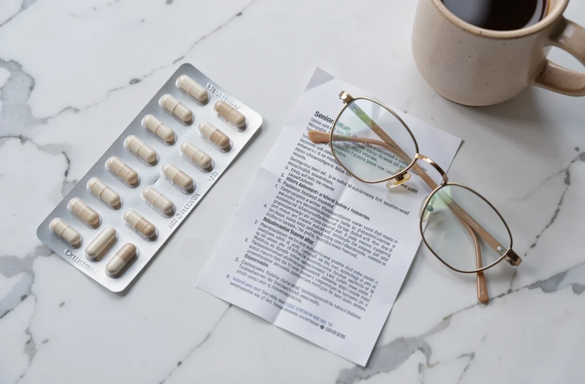 Vue à plat de compléments alimentaires pour seniors avec notice médicale et lunettes de lecture sur marbre blanc