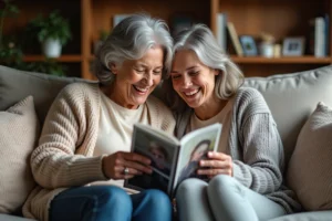 Seniors souriants avec petite fille regardant un album photo