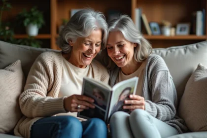 Seniors souriants avec petite fille regardant un album photo