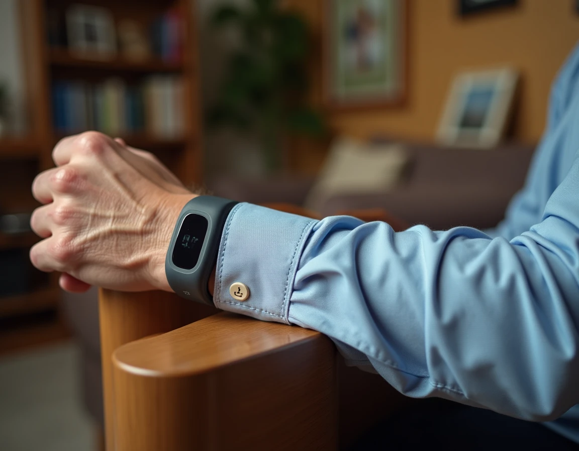 Gros plan sur un bracelet GPS de géolocalisation pour personne âgée atteinte d'Alzheimer porté au poignet