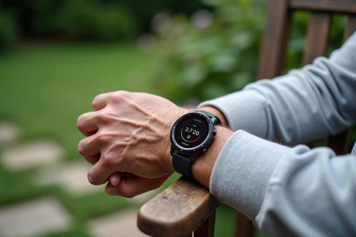 Gros plan sur une montre connectée GPS portée au poignet d'une personne âgée atteinte d'Alzheimer dans un jardin