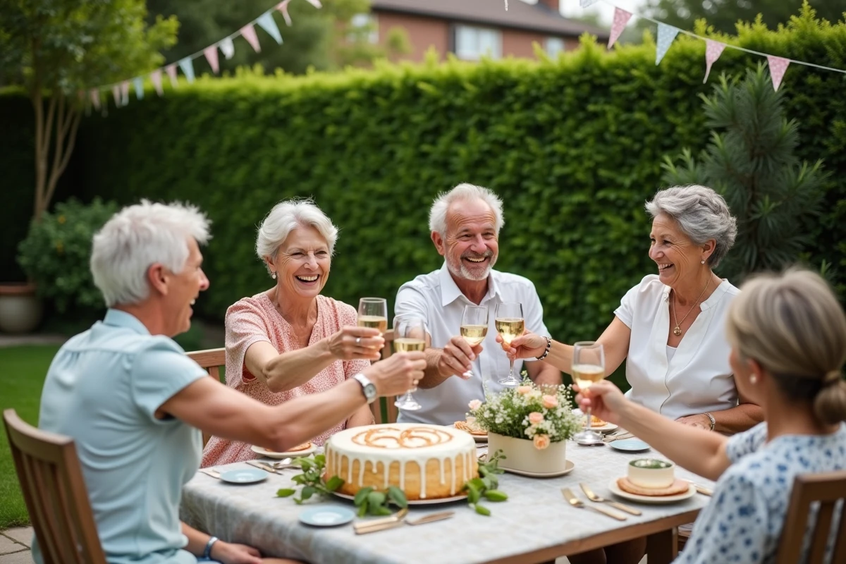 Groupe d'amis d'une soixantaine d'années portant un toast joyeux autour d'un gâteau d'anniversaire 60 ans dans un jardin décoré