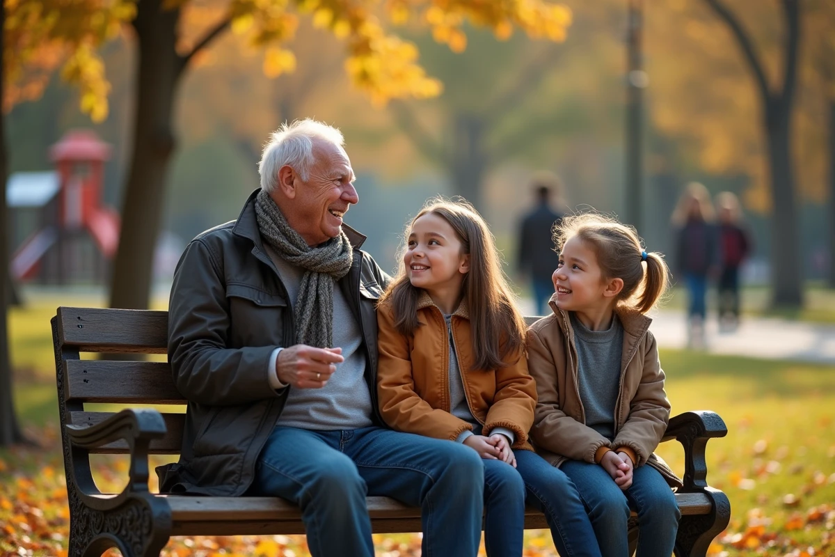 Groupe intergeneration dans un parc en automne