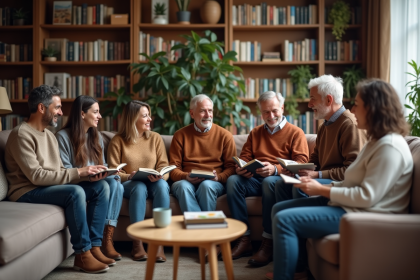 Groupe d'adultes dans un salon cosy avec livres et plantes