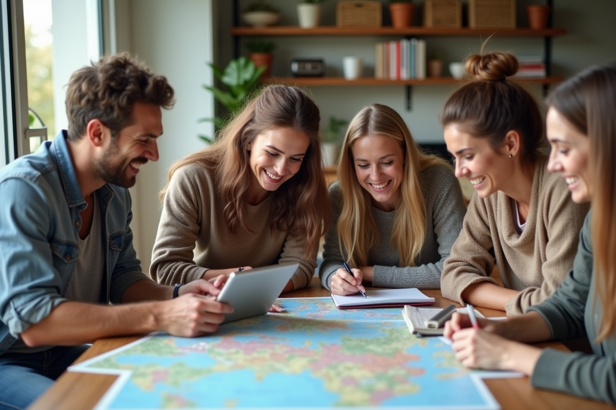 Groupe d'adultes planifiant un voyage à la maison