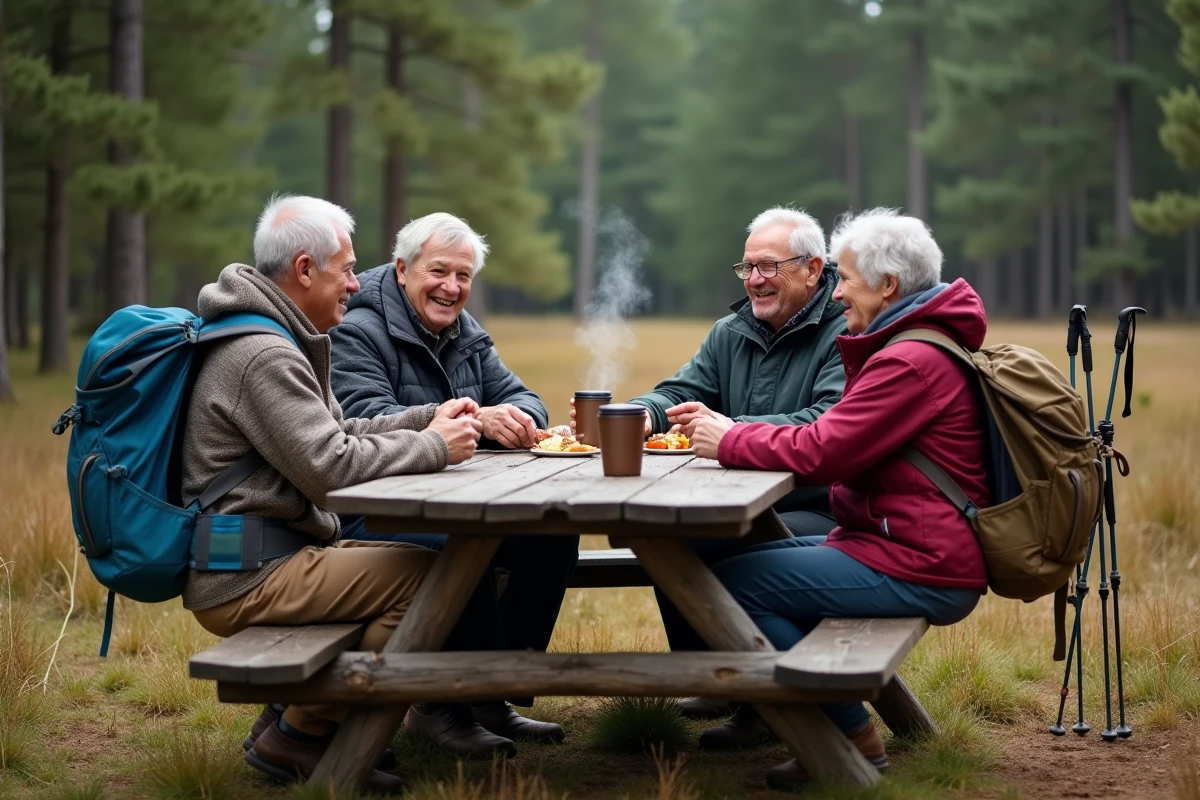 Groupe de randonneurs seniors célibataires partageant une pause café autour d'une table en bois en forêt de pins
