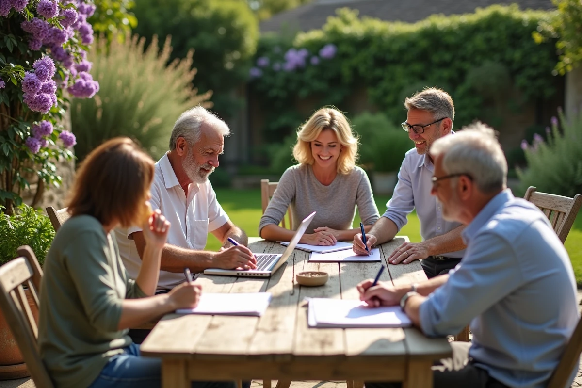 Groupe d'adultes rédigeant des textes de vœux pour un anniversaire 70 ans autour d'une table de jardin en pierre en Provence
