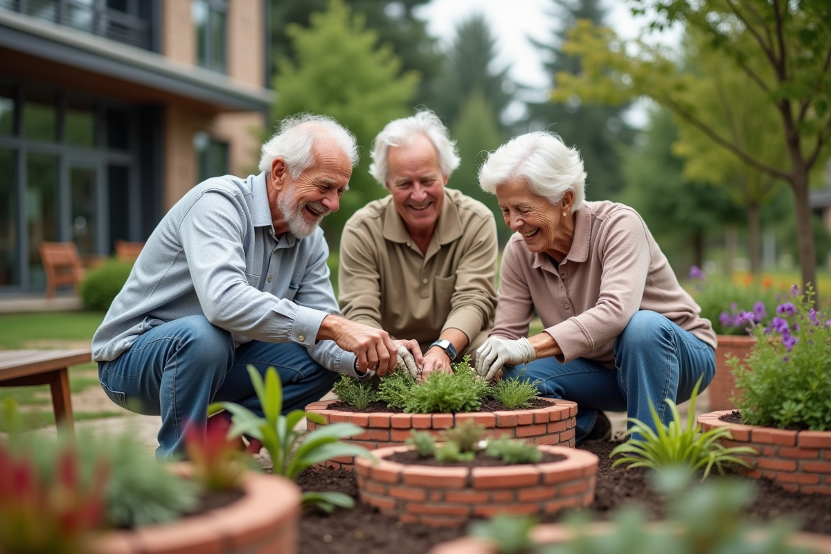 Groupe de seniors riant dans le jardin communautaire