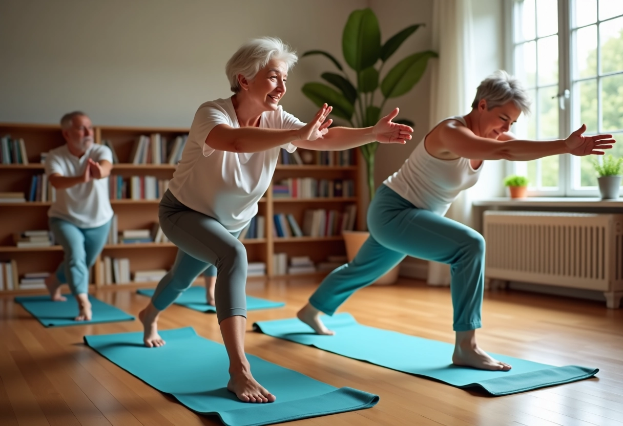 Groupe de seniors pratiquant le yoga en intérieur