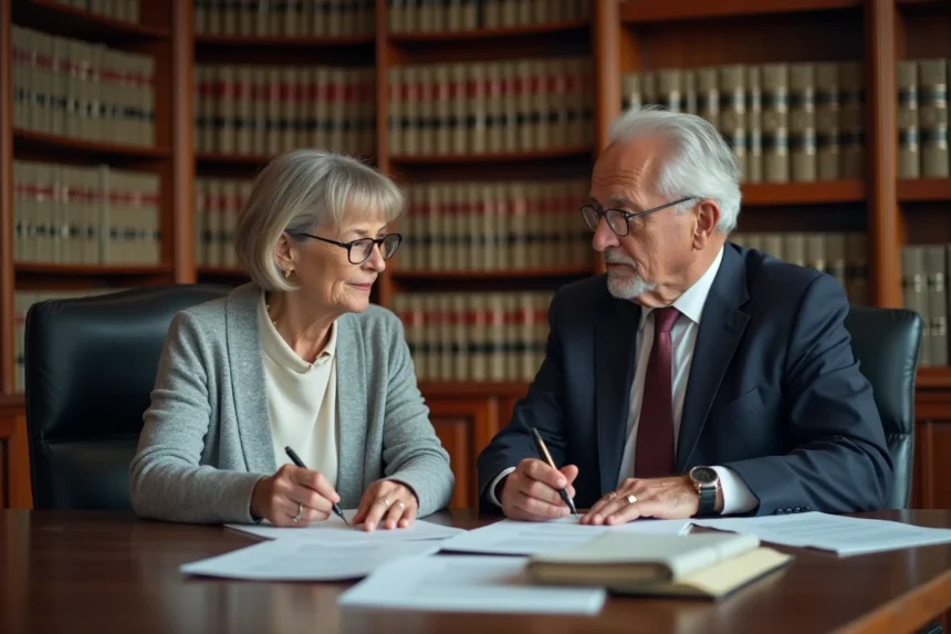 Une femme et un notaire examinent ensemble des documents juridiques pour une habilitation familiale dans un bureau officiel