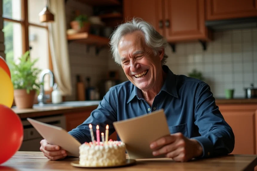 Homme de 60 ans souriant en lisant une carte d'anniversaire humoristique entouré de ballons colorés dans une cuisine chaleureuse