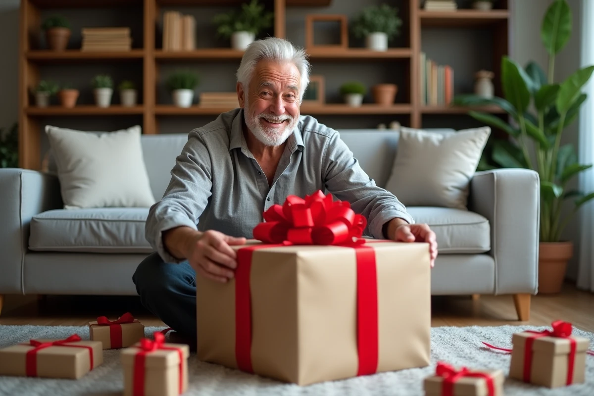 Homme de 60 ans souriant en débâllant un cadeau d'anniversaire humoristique géant dans un salon familial chaleureux