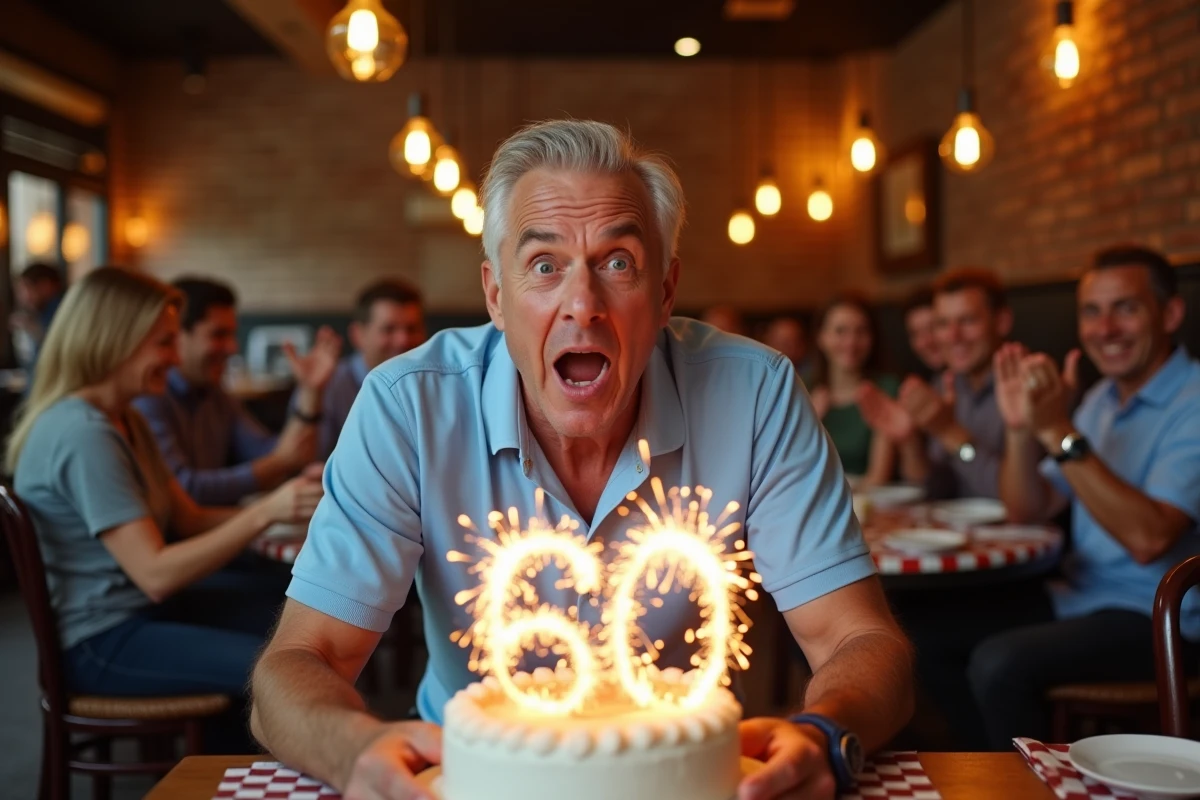 Homme de 60 ans avec une expression comique devant un gâteau d'anniversaire avec des bougies scintillantes entouré d'amis hilares au restaurant