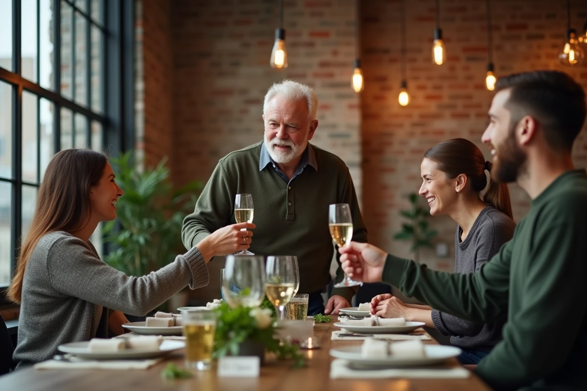 Homme de 70 ans trinquant avec des amis lors d'une fête d'anniversaire dans un loft urbain décoré avec des cartes de vœux