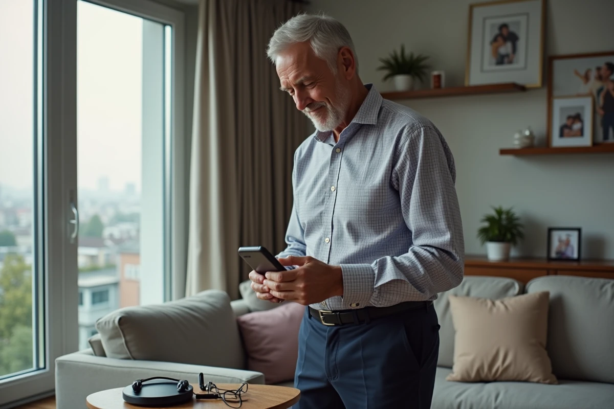 Homme âgé dans son salon fixe son téléphone sur une base de charge