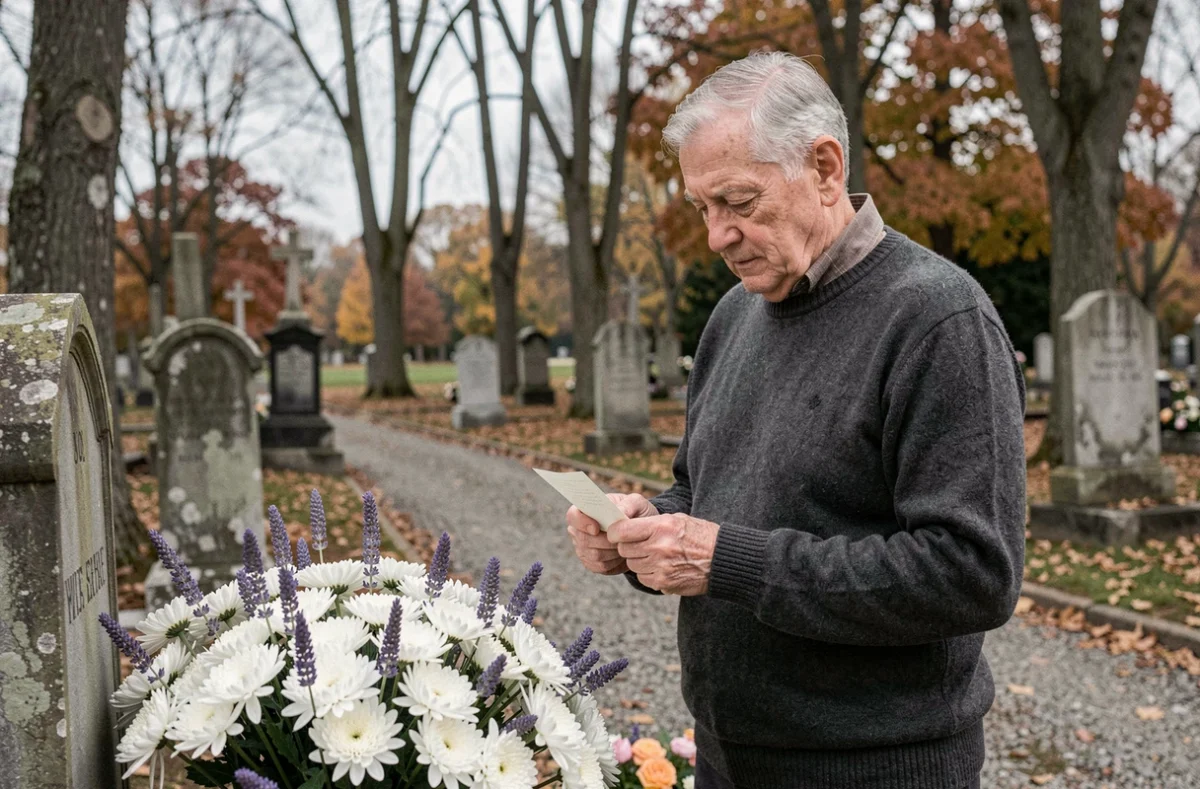 Homme âgé debout dans un cimetière tenant un message de condoléances devant une tombe fleurie de chrysanthèmes blancs