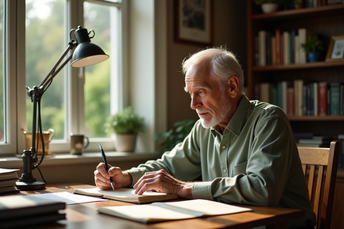 Homme âgé organisant ses documents de succession et de retraite dans un bureau à domicile avec vue sur le jardin
