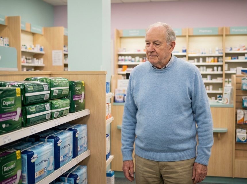 Homme âgé consultant des protections d'incontinence en pharmacie