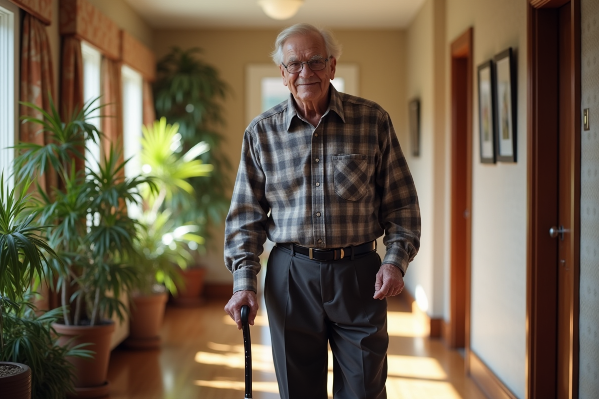 Homme agee marchant avec canne dans un couloir lumineux