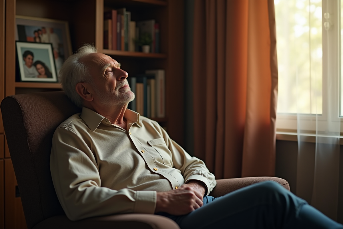 Homme agee se reposant dans un fauteuil lumineux