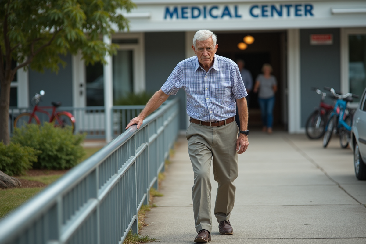 Homme moyen age monte une rampe avec main courante