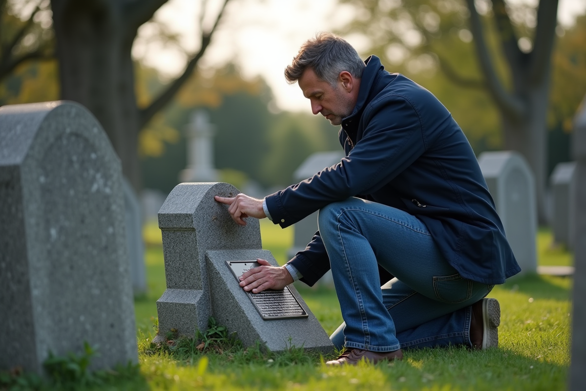 Homme d'âge moyen nettoyant une plaque funéraire dans un cimetière