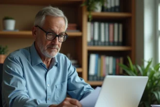 Homme d'une cinquantaine d'années consultant ses documents de retraite sur un ordinateur portable dans un bureau à domicile