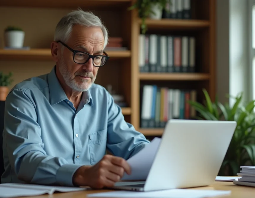 Homme d'une cinquantaine d'années consultant ses documents de retraite sur un ordinateur portable dans un bureau à domicile