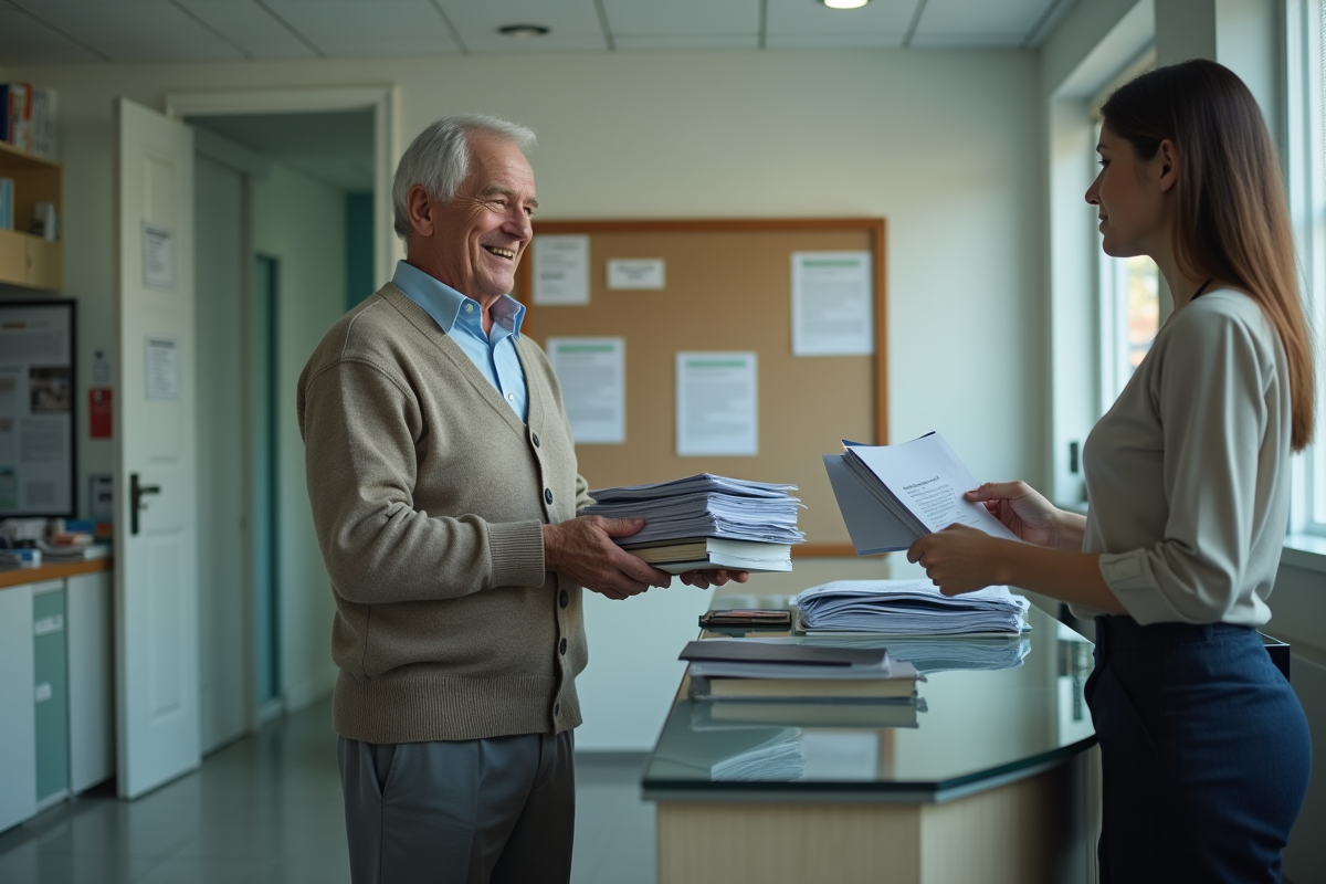 Homme âgé remet documents à la réception en bureau moderne