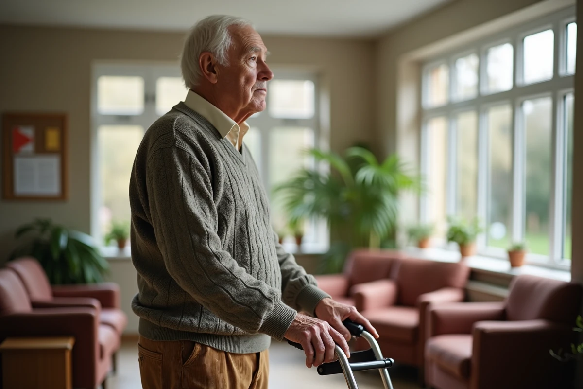 Homme âgé regardant par la fenêtre dans un salon de résidence