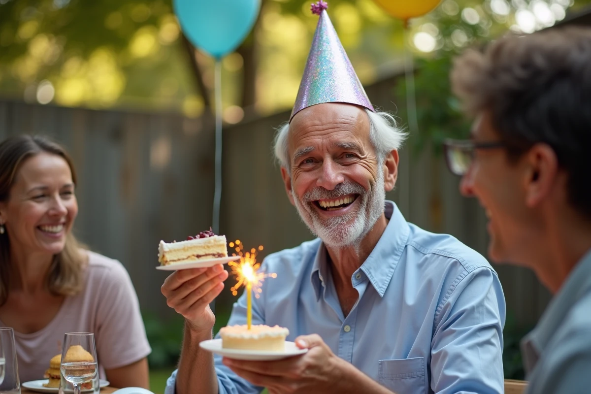 Homme de soixante-dix ans avec chapeau rigolo et gâteau