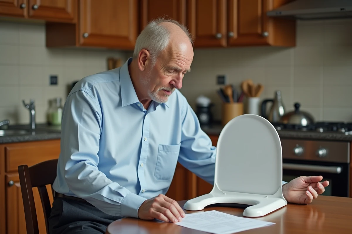 Homme âgé lit une lettre à la maison avec un siège toilettes à côté