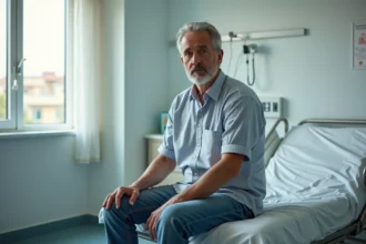 Homme d'âge moyen assis sur un lit d'hôpital regardant pensif