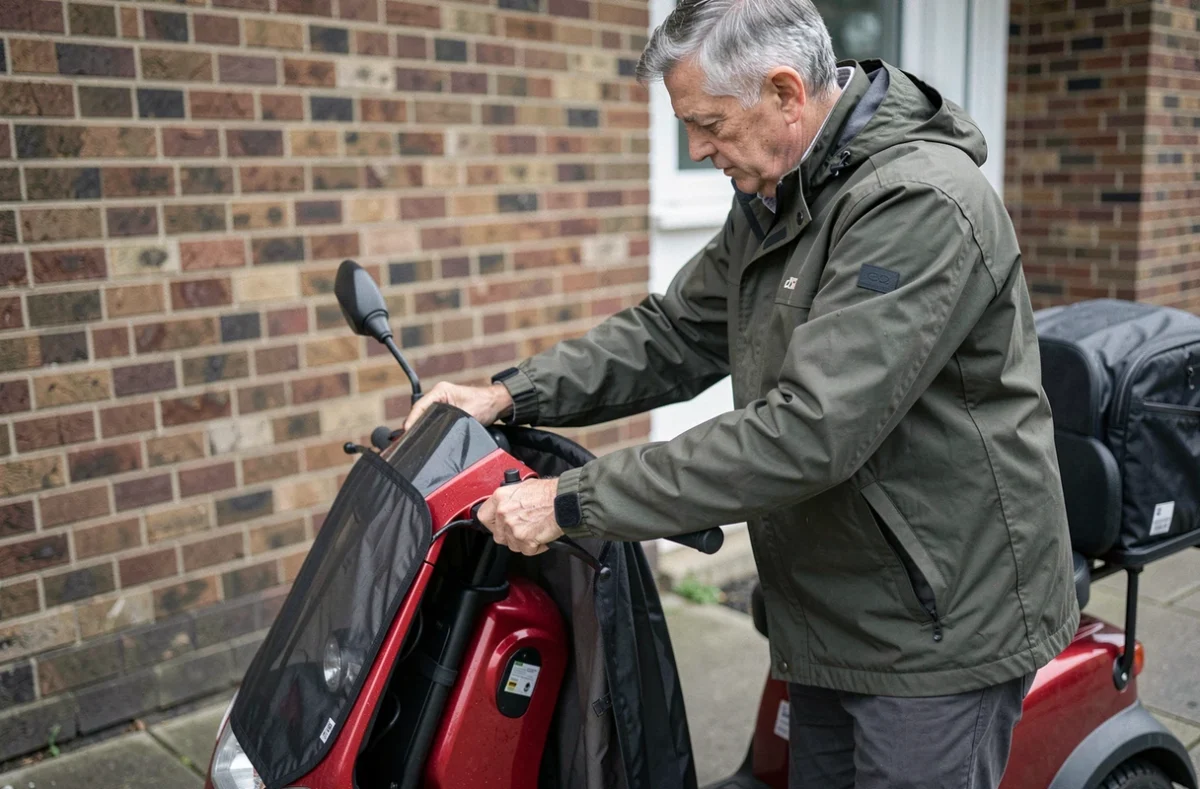 Homme installant un accessoire de protection pluie sur un scooter électrique PMR rouge en milieu urbain