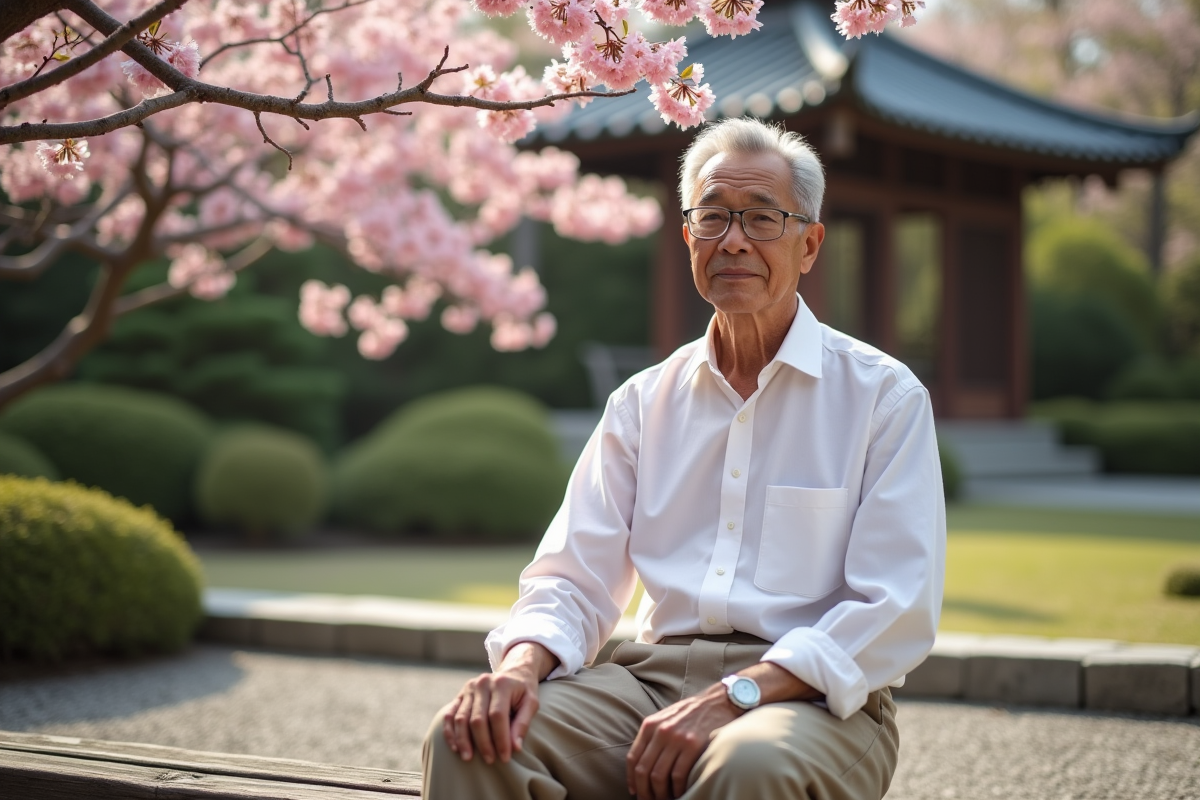 Homme assis dans un jardin japonais en fleurs de cerisier