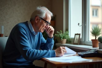 Homme âgé examinant une lettre dans son appartement