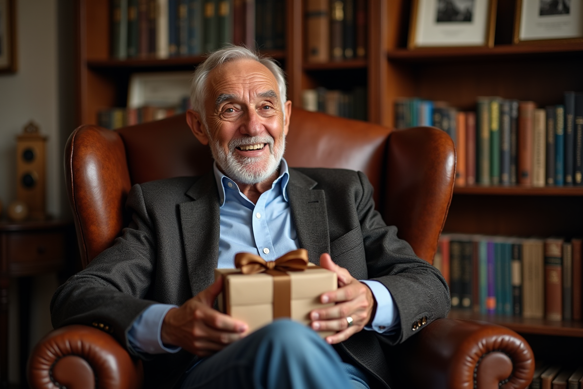 Homme âgé souriant ouvrant un cadeau dans une bibliothèque