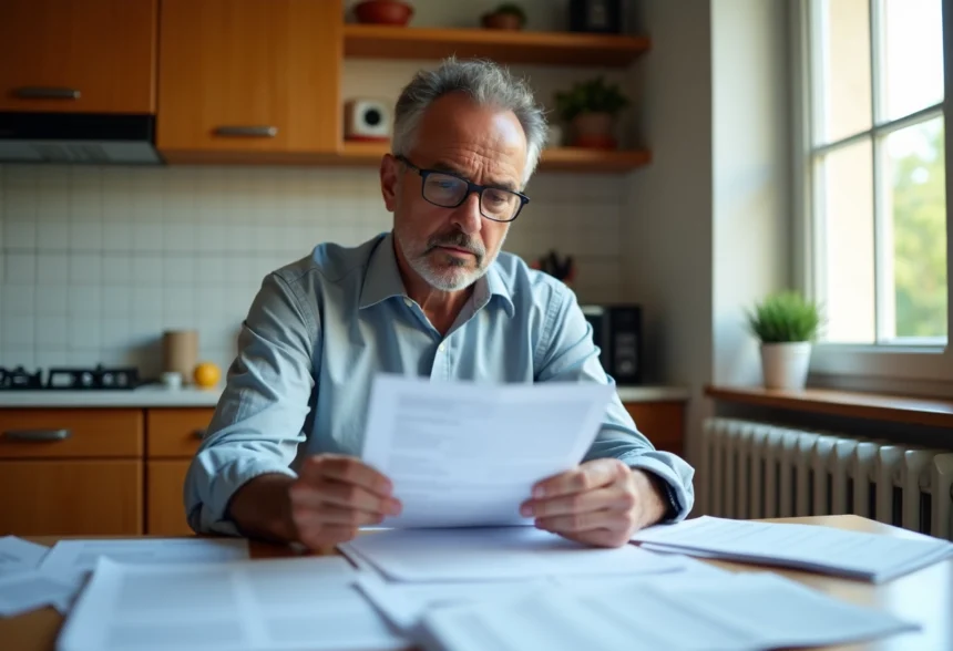 Homme d age en train de trier des papiers officiels