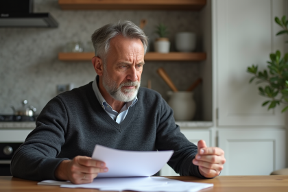 Homme d'âge moyen lisant des papiers dans une cuisine lumineuse