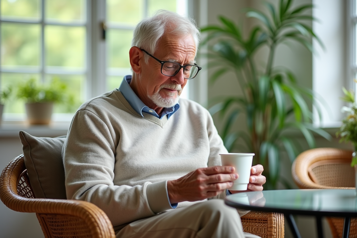 Homme âgé lisant les étiquettes nutritionnelles dans la véranda