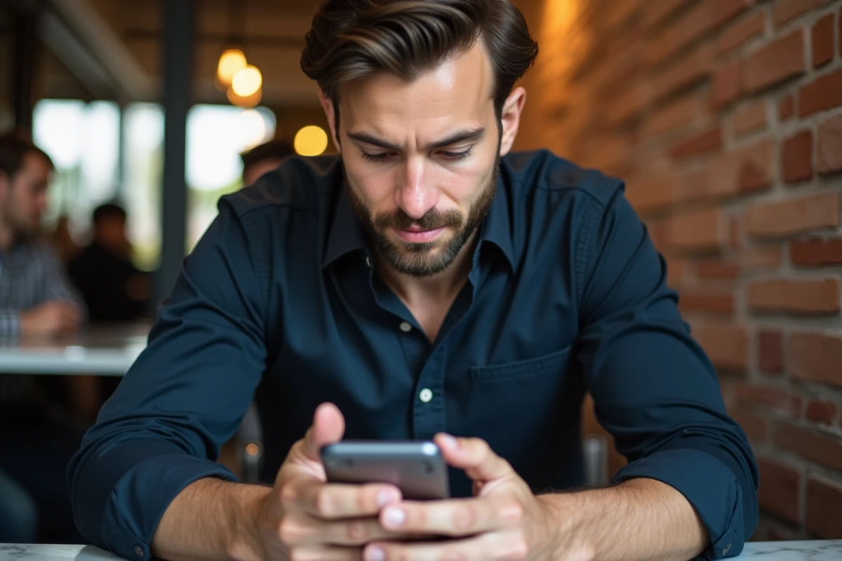 Homme mettant à jour son profil de rencontre en ligne sur smartphone dans un café urbain