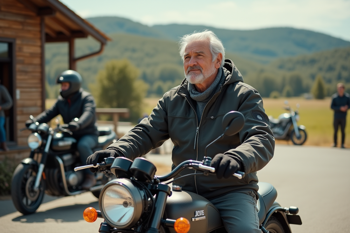 Homme en casque ajustant sa moto dans un café de campagne