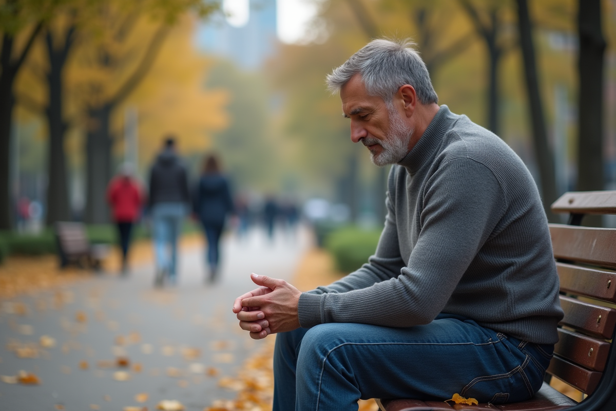 Homme assis sur un banc dans un parc en automne
