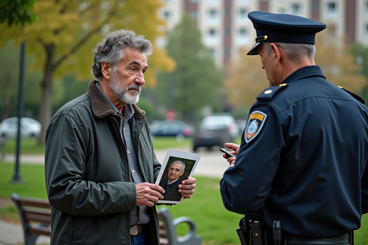 Homme discutant avec un policier dans un parc urbain