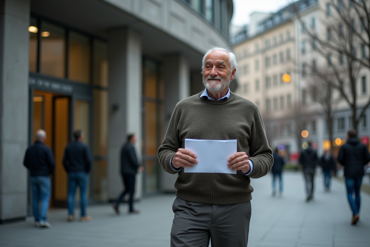 Homme âgé tient une enveloppe devant un bâtiment public