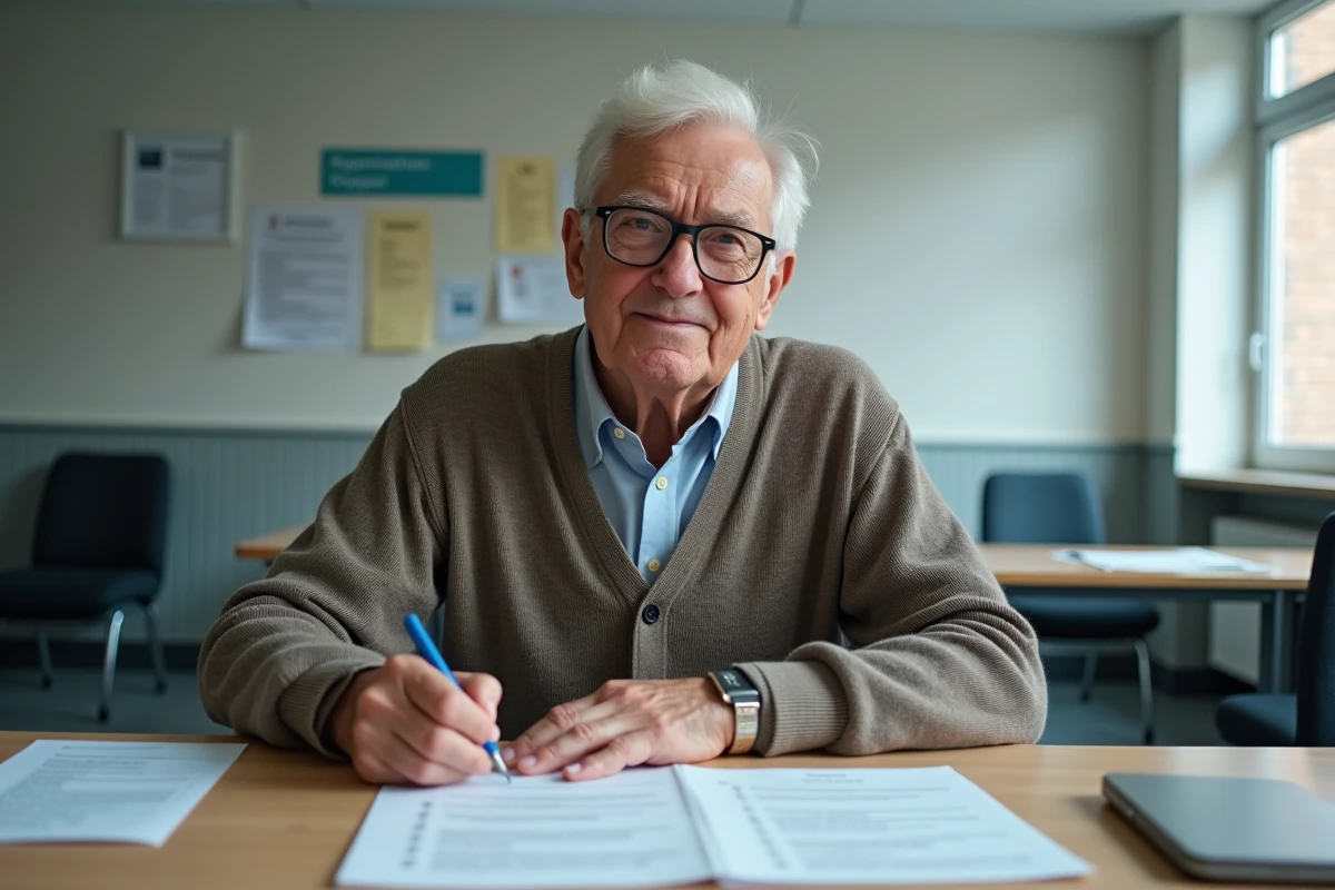 Homme âgé remplissant un formulaire dans un bureau administratif