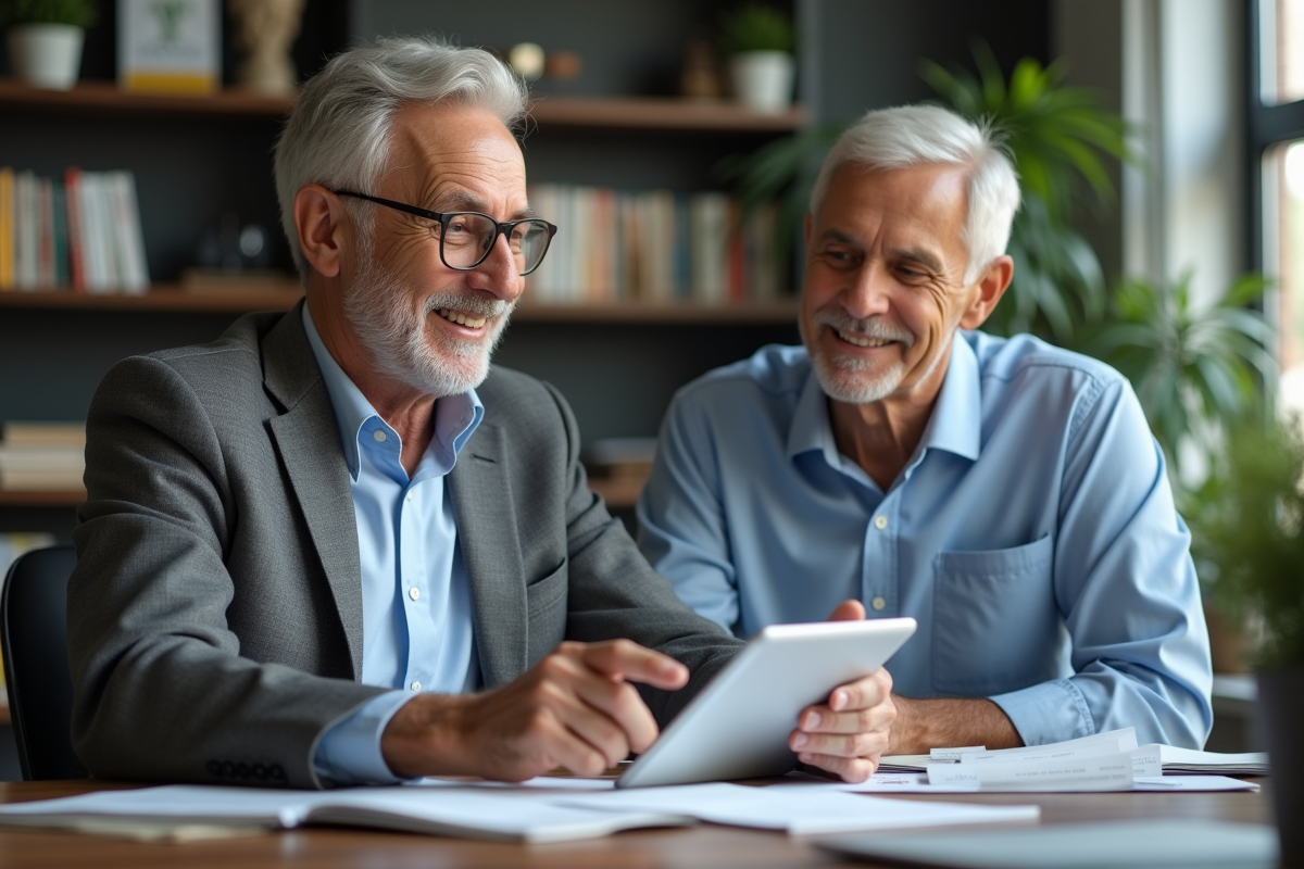 Homme souriant avec conseiller financier dans un bureau